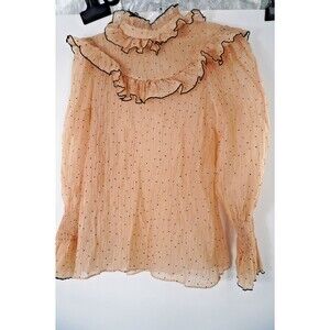 Huong Boutique Women Siz S Peach Polka Dot Ruffle Twee Top Sheer Designer Blouse